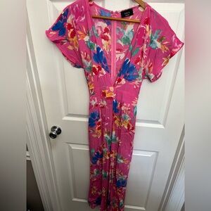 VICI Pink Floral Flutter Sleeve ResortWear Jumpsuit with Multicolor Blooms, M